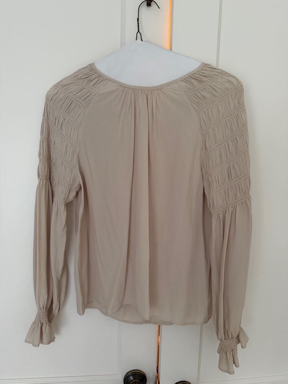 ecru Smocked Long-Sleeve Beige Blouse